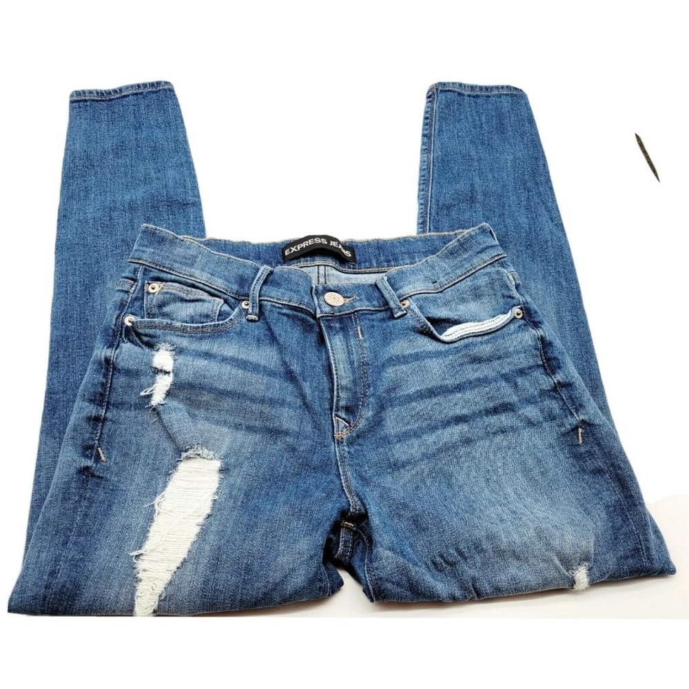 Express Womens Denim Mia Mid Rise Legging Jeans Size 8s Blue Stretch Destroyed